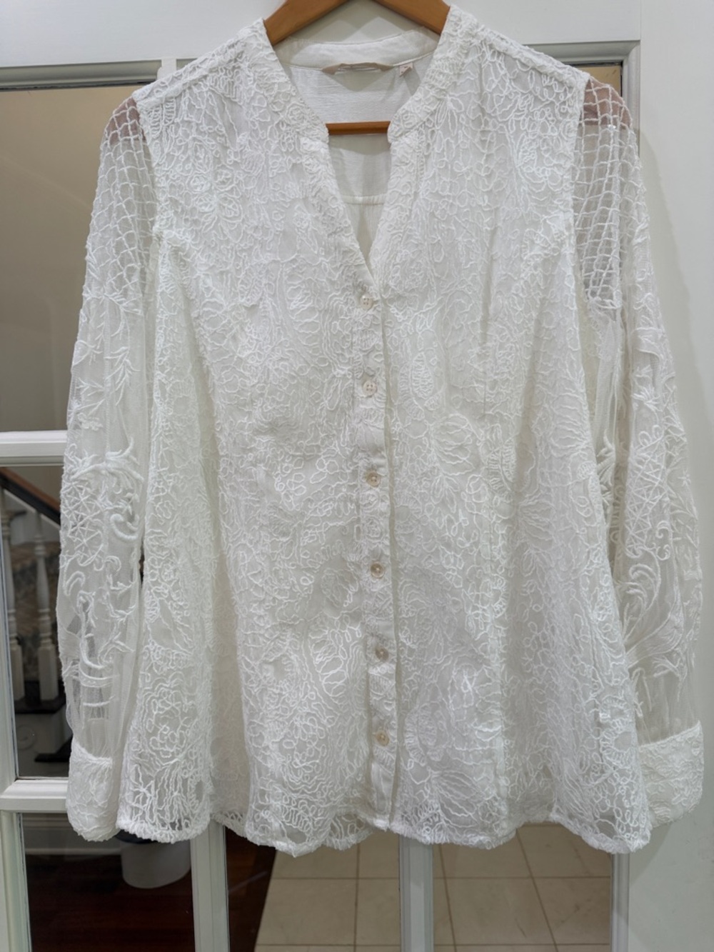 Coastal Grandmother Whimsigoth Soft Surroundings Lace Mesh Blouse Top Ivory M - Picture 3 of 16